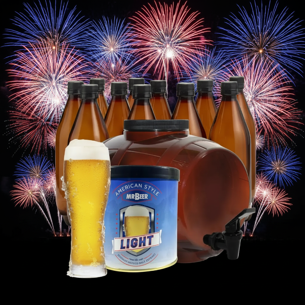 Mr. Beer American Style Light homebrew kit with bottles and a glass of beer with fireworks in the background