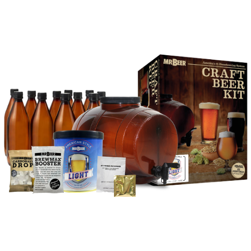Classic American Light complete beer making kit with box, fermenter, bottles, and ingredients