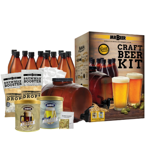 Oktoberfest Lager and Canadian Blonde bonus complete beer making kit with box, fermenter, bottles, and ingredients
