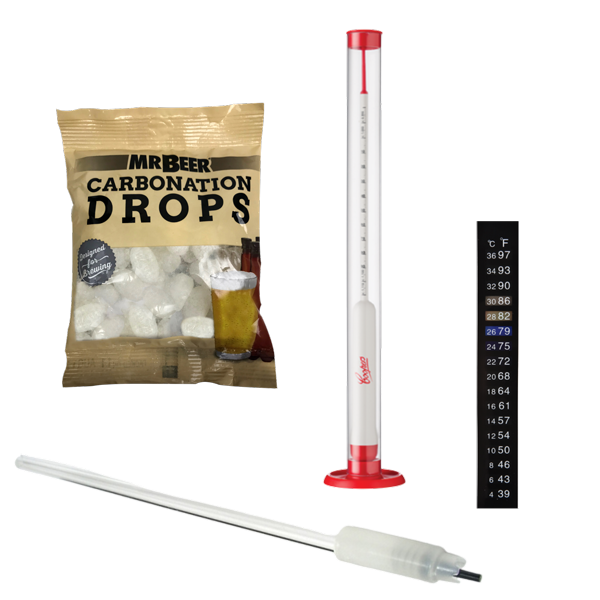 Mr. Beer carbonation drops package with a thermometer, hydrometer and bottling wand