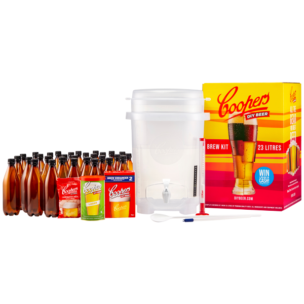 Coopers DIY beer kit with bottles and a large container