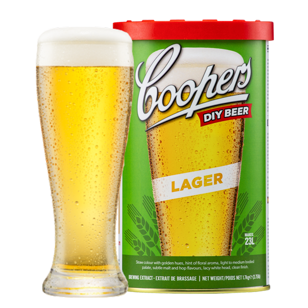 Coopers DIY Beer Lager Hopped Malt Lager can with a glass of beer