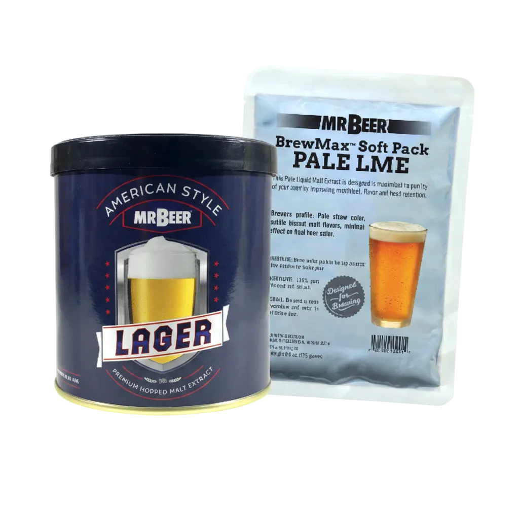Mr. Beer American Style Lager extract can and BrewMax Soft Pack Pale LME on a white background