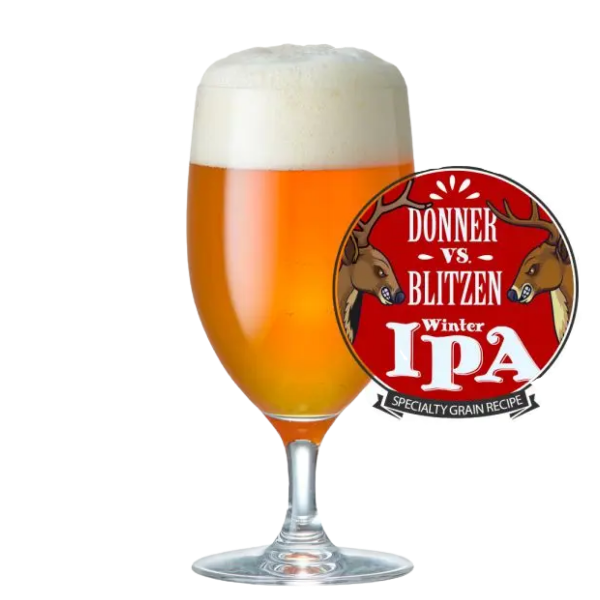 Donner Vs Blitzen Winter IPA finished beer with recipe badge
