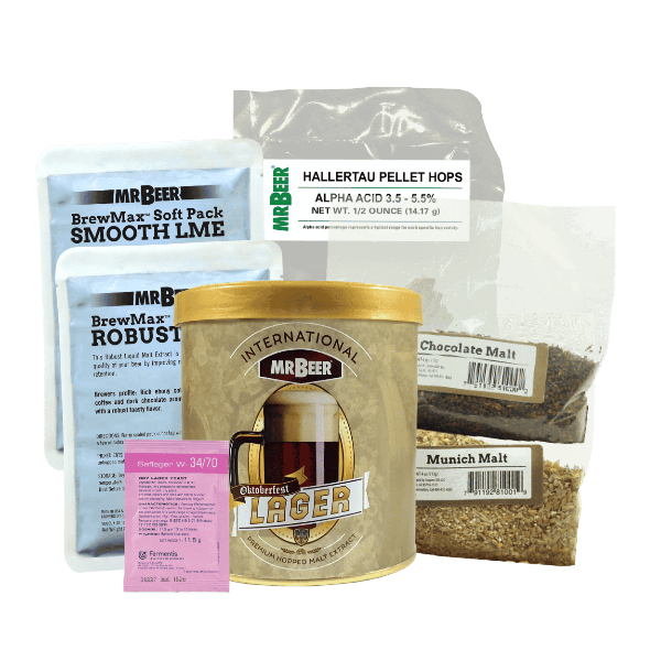 Duke's Desert Dunkel recipe ingredients with Oktoberfest Lager extract, Smooth LME, Robust LME, Munich malt, Chocolate Malt, Hallertau hops, hop sacks, cleanser, and W-34/70 yeast