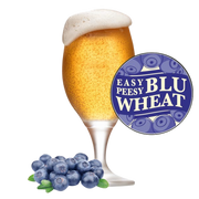 Glass of beer with blueberries and 'Easy Peasy Blu Wheat' logo on a white background