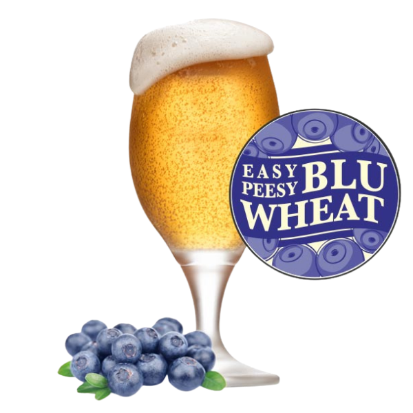 Glass of beer with blueberries and 'Easy Peasy Blu Wheat' logo on a white background