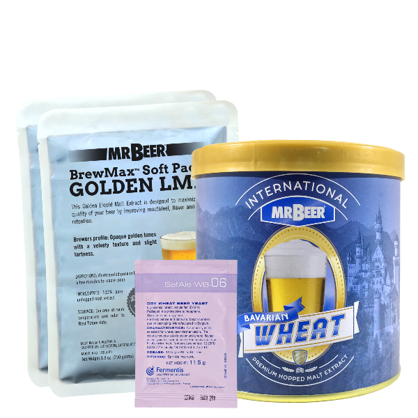 Mr Beer brewing ingredients including a canister, packets, and a pouch on a white background