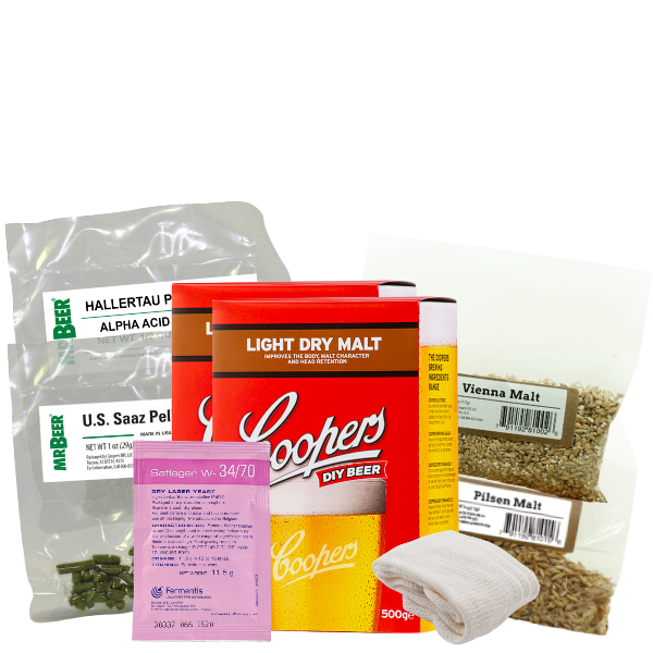 Gemütlichkeit Pilsner recipe ingredients with Coopers Light DME, Pilsen Malt, Vienna Malt, Saaz hops, Hallertau hops, muslin hop sacks, cleanser, and W-34/70 lager yeast