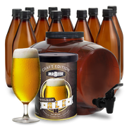 Golden Ale complete beer making kit with fermenter, bottles, brewing extract, and beer glass