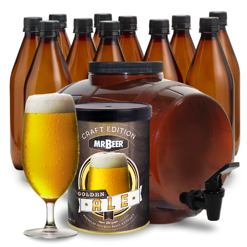 Mr. Beer complete beer making kit with fermenter, bottles, brewing extract, and finished beer