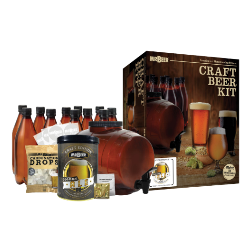 Golden Ale complete beer making kit with box, fermenter, bottles, and ingredients