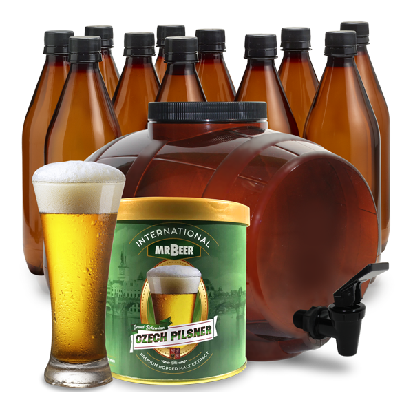Grand Bohemian Czech Pilsner complete beer making kit with fermenter, bottles, brewing extract, and beer glass