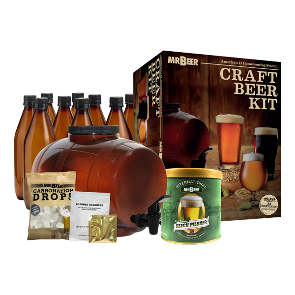 Grand Bohemian Czech Pilsner complete beer making kit with box, fermenter, bottles, and ingredients