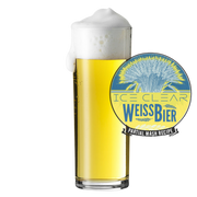 Glass of Weissbier with a label indicating 'Ice Clear Weissbier' on a white background
