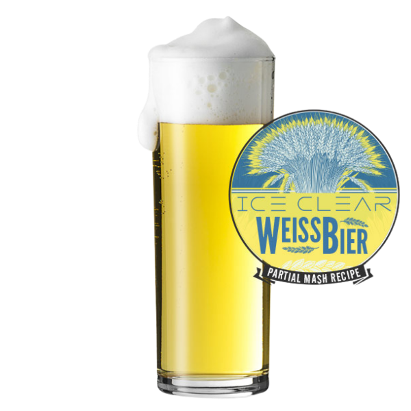 Glass of Weissbier with a label indicating 'Ice Clear Weissbier' on a white background