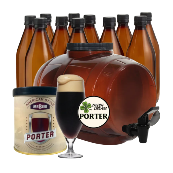 Irish Cream Porter complete beer making kit with fermenter, bottles, brewing extract, and beer glass