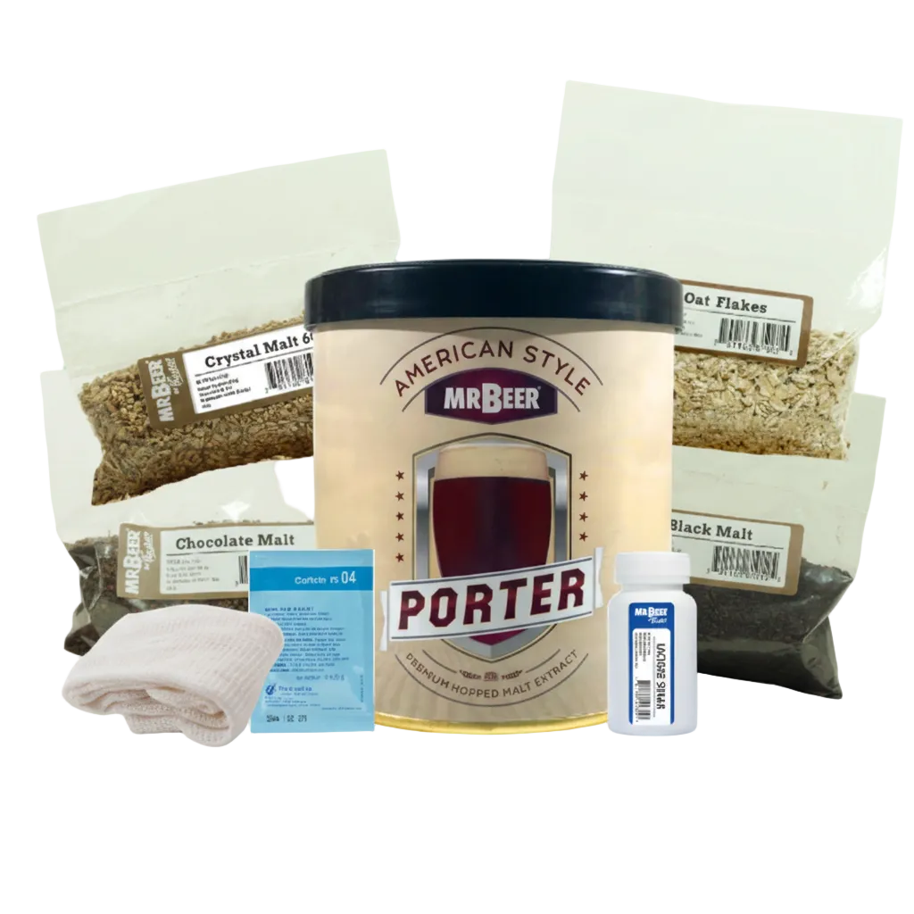 Irish Cream Porter recipe ingredients with brewing extract, grains, cleanser, and muslin sack