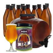 Long Play IPA complete beer making kit with fermenter, bottles, brewing extract, and beer glass