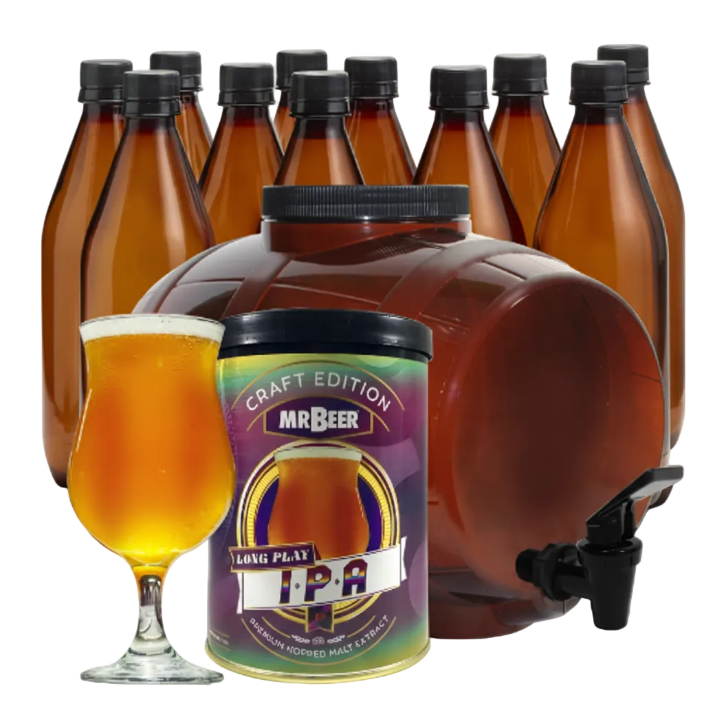 Long Play IPA complete beer making kit with fermenter, bottles, brewing extract, and beer glass