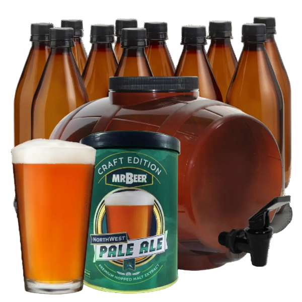 Northwest Pale Ale complete beer making kit with fermenter, bottles, brewing extract, and beer glass