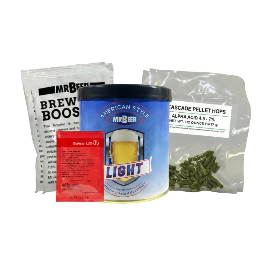 Assorted brewing supplies including a canister labeled 'Mr. Beer Light', a packet, and a bag on a white background.