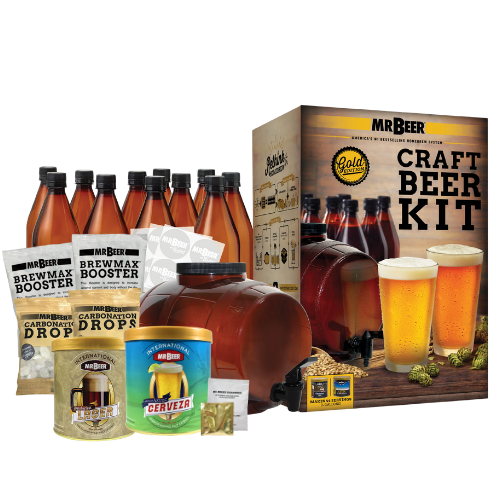 Oktoberfest Lager and Aztec Mexican Cerveza bonus complete beer making kit with box, fermenter, bottles, and ingredients