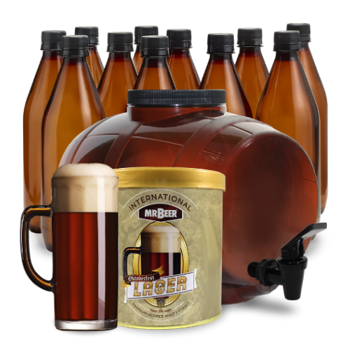 Oktoberfest Lager complete beer making kit with fermenter, bottles, brewing extract, and beer glass
