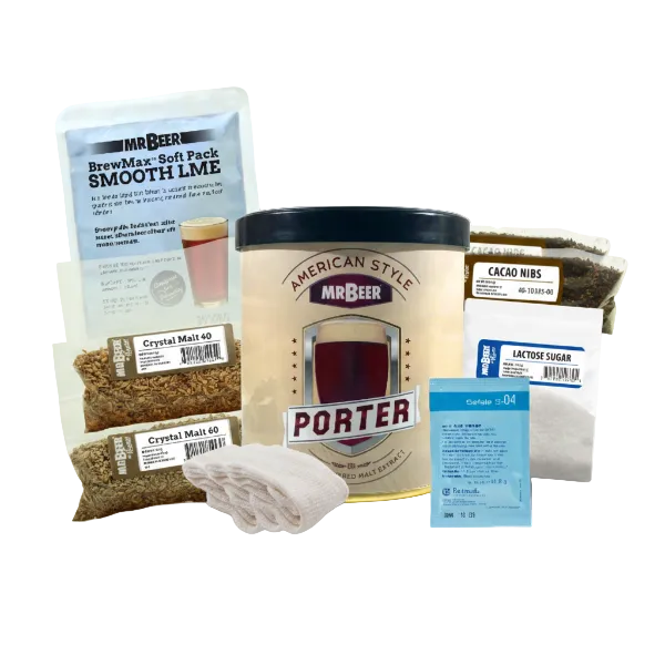 Mr. Beer Porter brewing kit components on a white background
