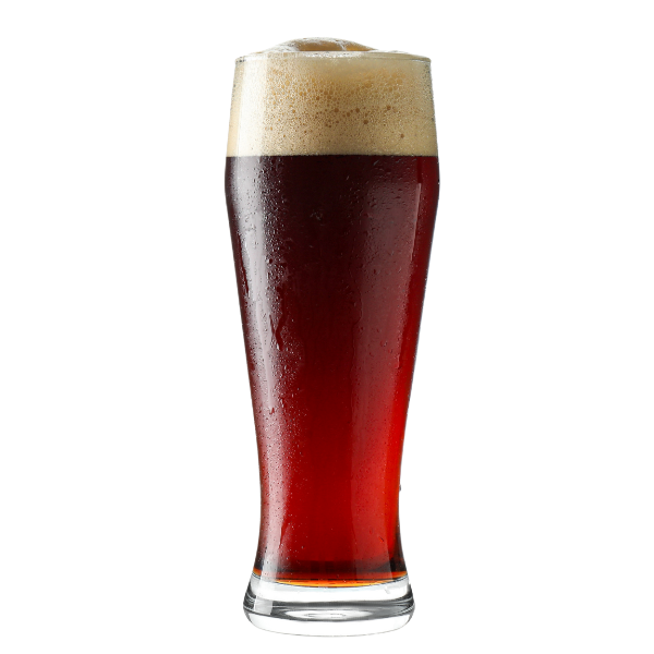 Glass of dark beer with a thick head on a white background
