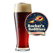 Glass of amber ale with 'Rocket's RedGlare' label on a white background