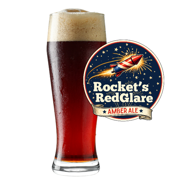 Glass of amber ale with 'Rocket's RedGlare' label on a white background