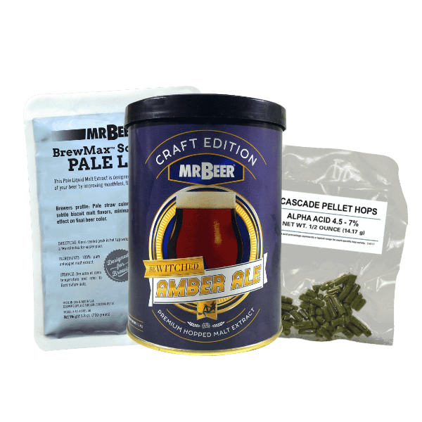 Mr. Beer brewing kit components including a canister, liquid extract, and hop pellets on a green background