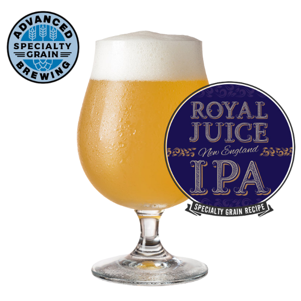 Royal Juice NEIPA finished beer with recipe badge