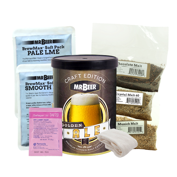 Mr. Beer brewing kit components including a canister, packets, and a towel on a white background