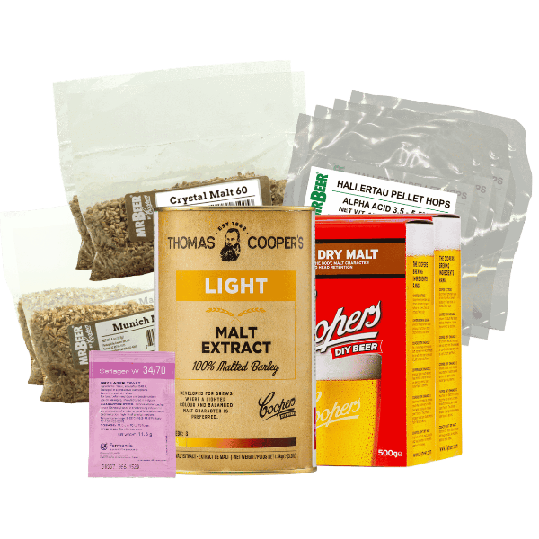 Collection of Thomas Cooper's malt extract and beer ingredients on a green background
