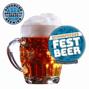 Glass of beer with 'Schnapsidee Fest Beer' and 'Advanced Specialty Grain Brewing' logos on a gray background