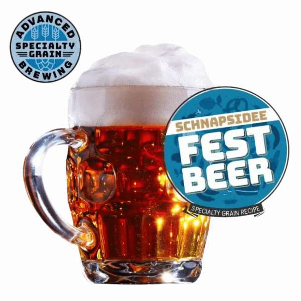 Glass of beer with 'Schnapsidee Fest Beer' and 'Advanced Specialty Grain Brewing' logos on a gray background