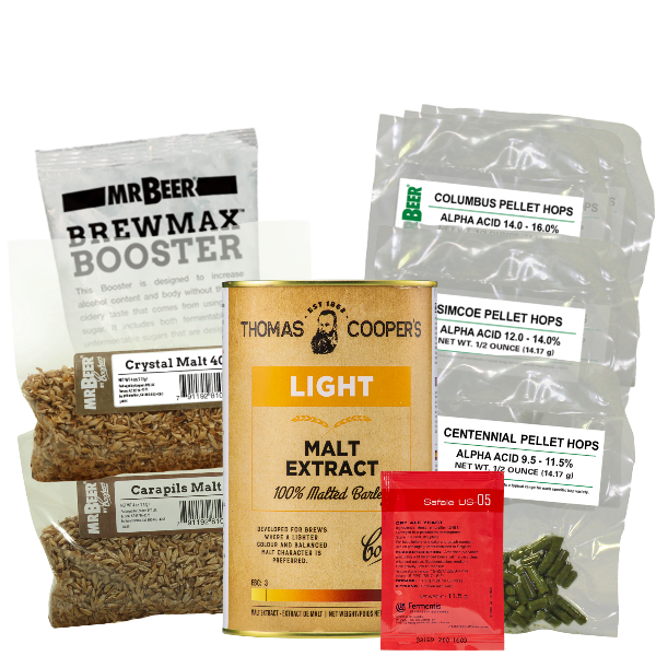 Secundus the Silent IPA recipe ingredients with Coopers Light UME, Booster, Carapils, Crystal 40, Columbus hops, Simcoe hops, Centennial hops, hop sacks, cleanser, and US-05 yeast
