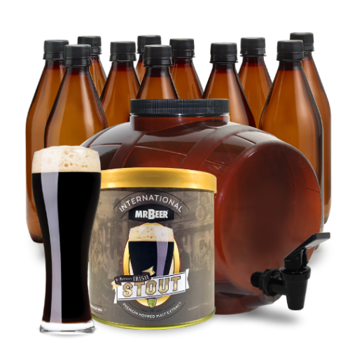 St. Patrick's Irish Stout complete beer making kit with fermenter, bottles, brewing extract, and beer glass