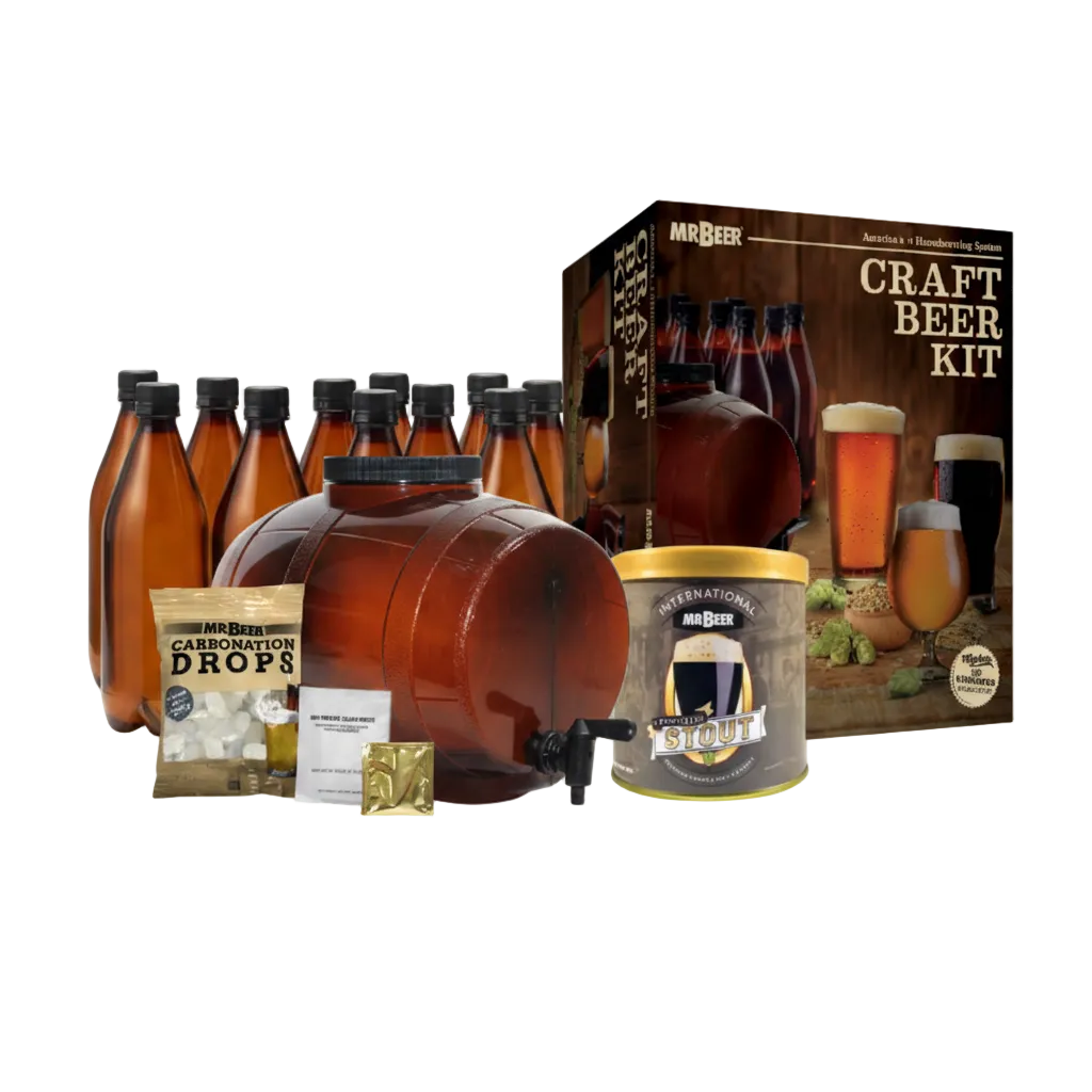 St. Patrick's Irish Stout complete beer making kit with box, fermenter, bottles, and ingredients