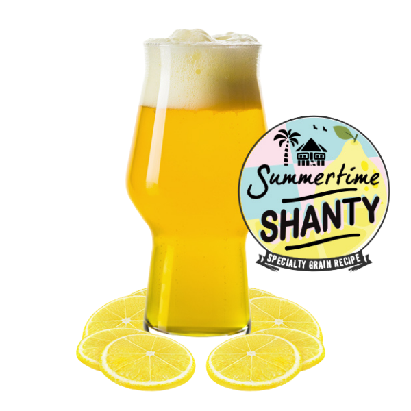 Glass of beer with foam, surrounded by lemon slices, and 'Summertime Shanty' logo.