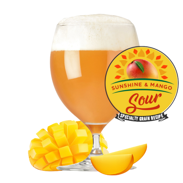 Glass of beer with a Sunshine & Mango Sour label and mangoes on a white background