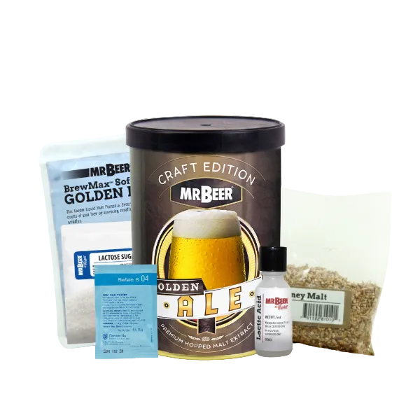 Mr Beer craft beer brewing kit with various ingredients on a white background