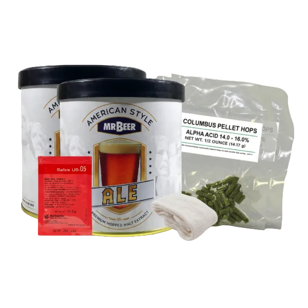 Mr. Beer brewing kit with hops and other ingredients on a white background