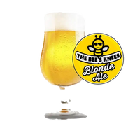 Glass of blonde ale with 'The Bee's Knees Blonde Ale' logo o