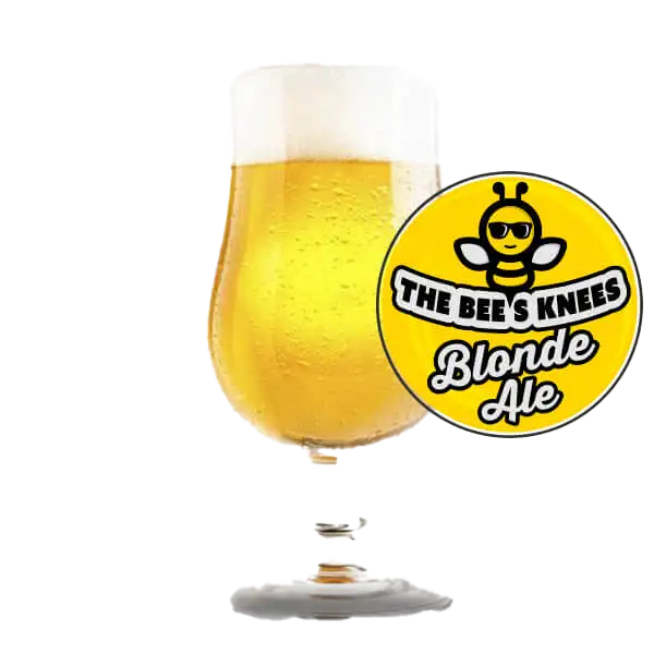 Glass of blonde ale with 'The Bee's Knees Blonde Ale' logo o