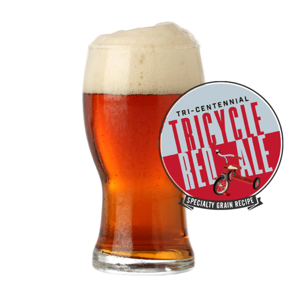 Tri-Centennial Tricycle Red Ale finished beer with recipe badge