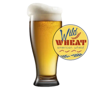 Glass of beer with a 'Wild Wheat American Wheat' logo on a white background