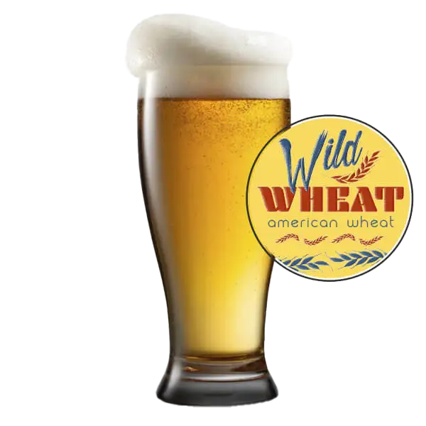Glass of beer with a 'Wild Wheat American Wheat' logo on a white background